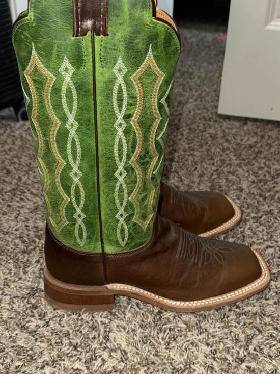 Justin Boots Shoes - Justin Boots Green Embroidered Shaft Brown Leather Foot Cowboy Boots